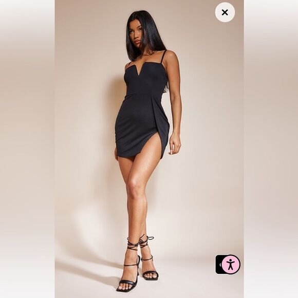Prettylittlething Black Extreme Thigh Split Panelled Plunge Bodycon Dress NWT - Picture 1 of 7
